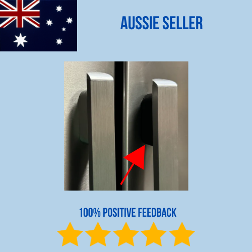 Fridge Handle Pedestal Brackets – Installed View Installed fridge door handle pedestal brackets supporting vertical handle on Westinghouse and Electrolux refrigerators